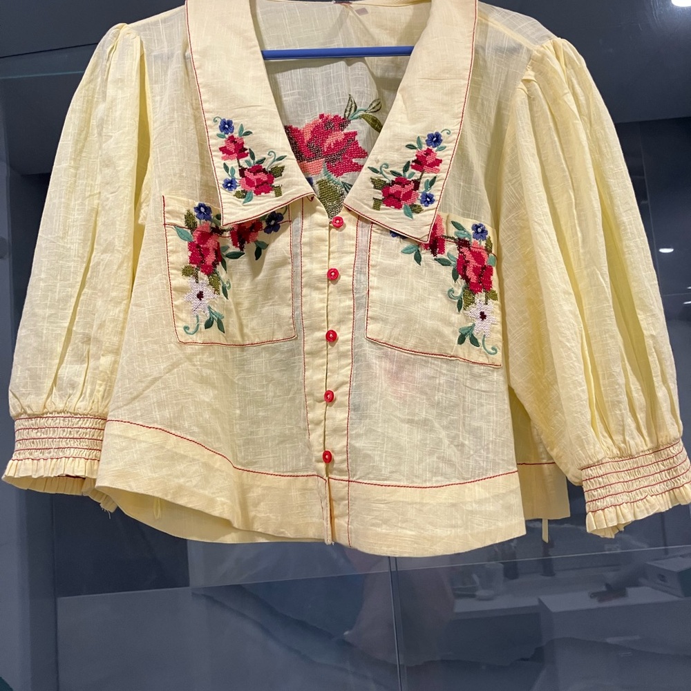 Free People Yellow Embroidered Floral Button-Up Blouse